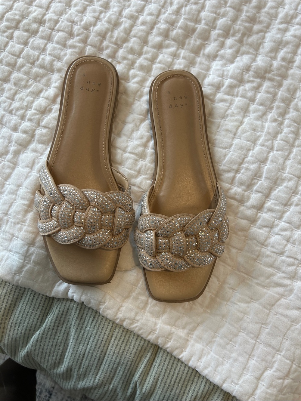 a new day Tan Braided Slide Sandals with Rhinestone Accents